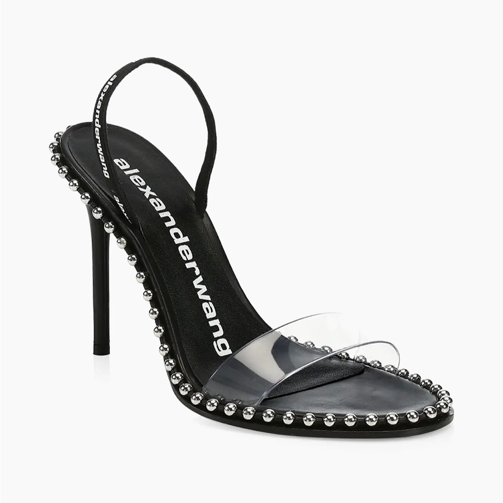 Used Alexander Wang nova studded slingback sandals heels logo printed strap